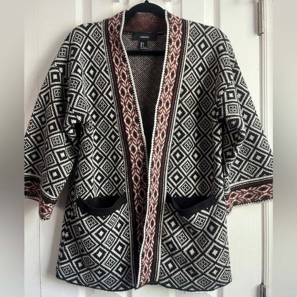 Forever 21 Tribal Black Boho Wester Cardigan Sweater 3/4 Sleeve Open Front Small